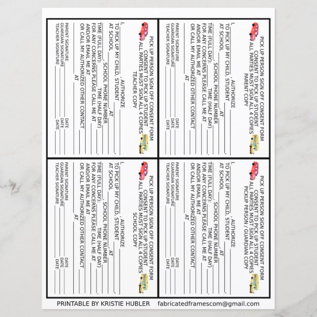 Parent Guardian Pickup Person School Consent Forms (Front)