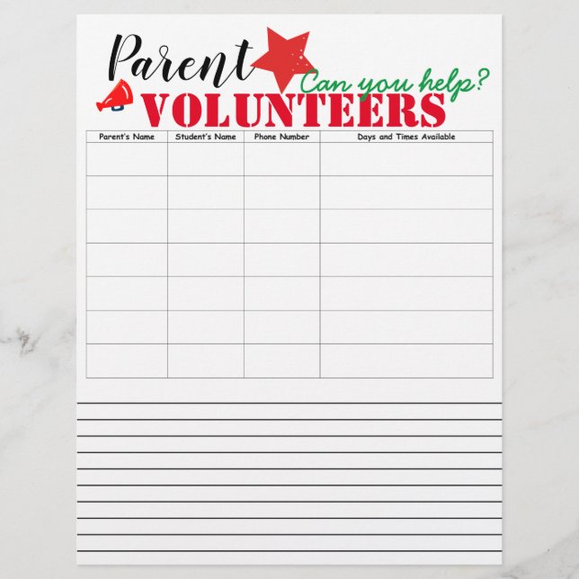 Parent Volunteers Sign up Custom Letterhead (Front)