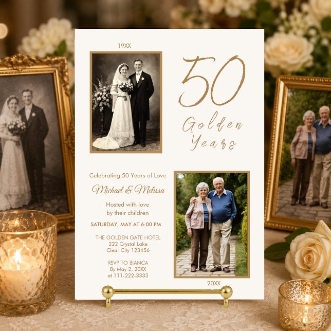 Parents 50th Anniversary Photo Invite (Elegant ivory gold 50th anniversary invitation with photo timeline and soft candlelit setting)