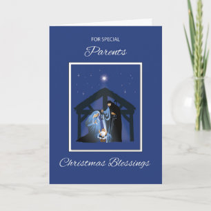 Parents Christmas Blessings Manger on Blue Card