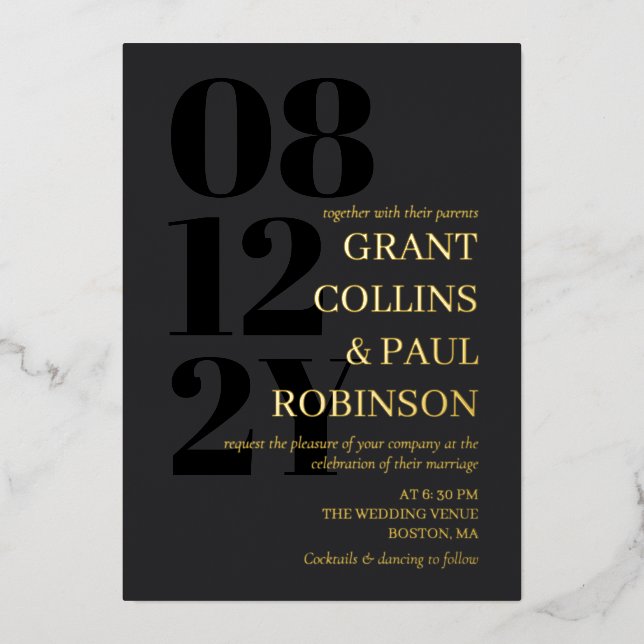 Parents Hosting Black & Gold Typography Wedding (Front)
