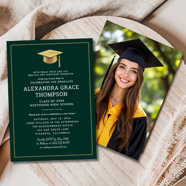 Parents Names Photo Green Gold Graduation Invitation (Creator Uploaded)