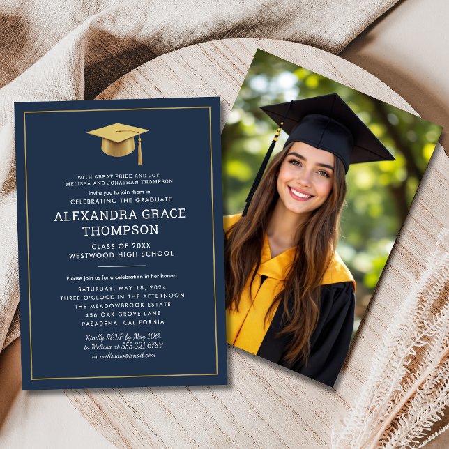 Parents Names Photo Navy Blue Gold Graduation Invitation (Creator Uploaded)