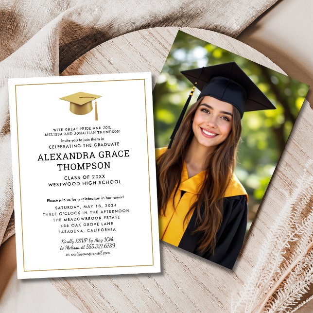 Parents Names Photo White Gold Graduation Invitation (Creator Uploaded)