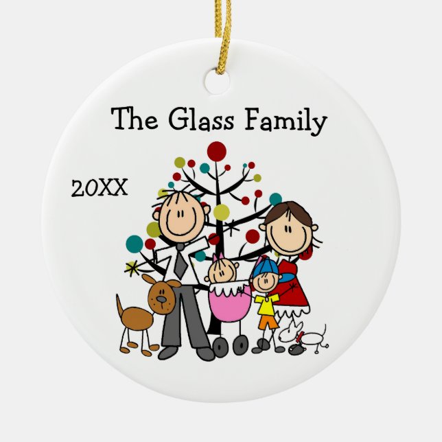 Parents, Small Boy, Baby Girl, Two Dogs Ceramic Tree Decoration (Front)