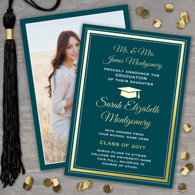 Parents Teal & Foil Photo Graduation Announcement (Creator Uploaded)