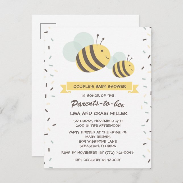 Parents to Bee Bumblebee Couple's Baby Shower Invi Invitation Postcard (Front/Back)