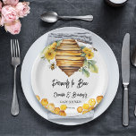 Parents to bee spring bee baby shower template paper plate<br><div class="desc">Parents to bee spring flowers honey bee baby shower  template party plates personalised tableware decor,  bee hive with yellow flowers and bees honey comb baby shower paper plates</div>