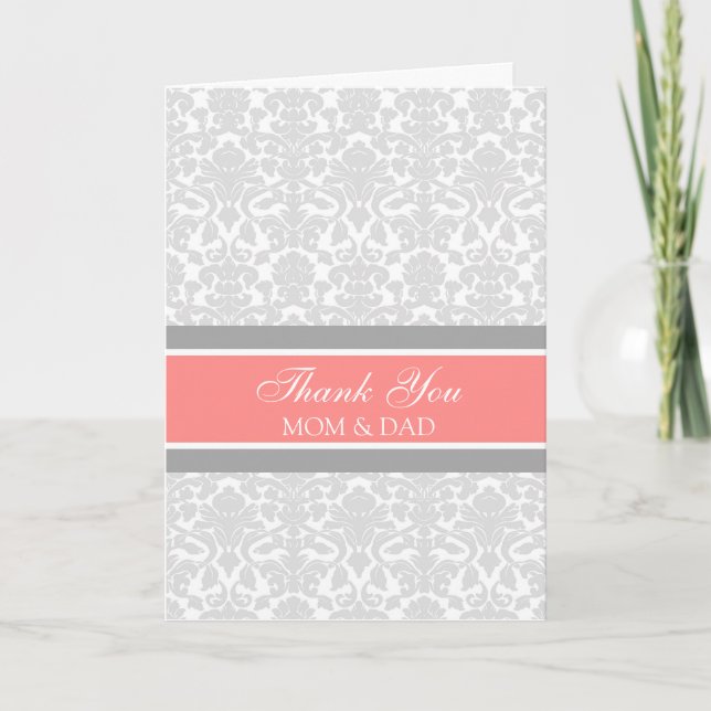 Parents Wedding Day Thank You Coral Grey Damask (Front)