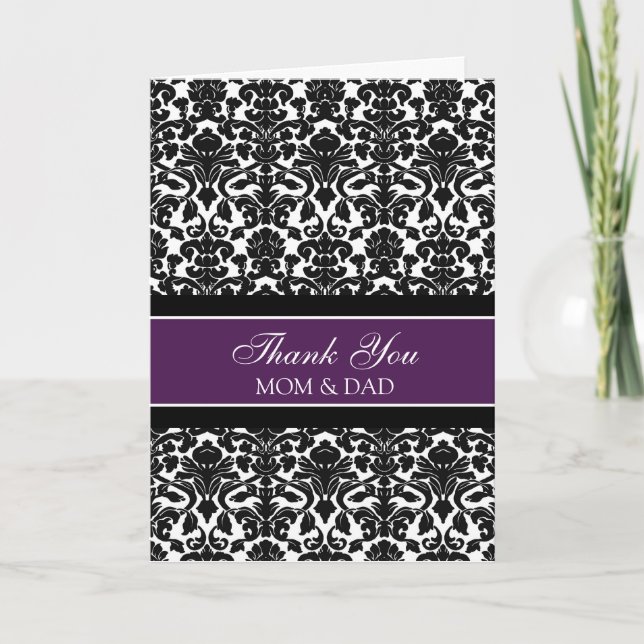 Parents Wedding Day Thank You Coral Plum Damask Card (Front)