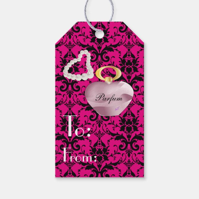 Parfum & Pearls Pink & Black Damask Gift Tag (Front)