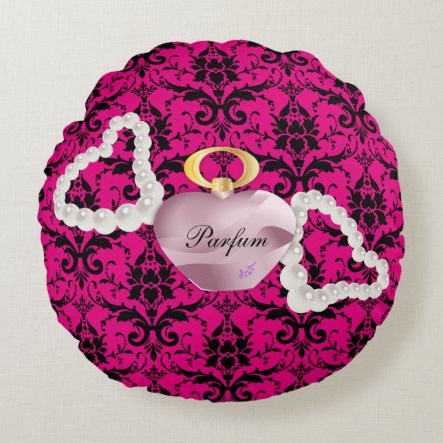 Parfum & Pearls Pink Damask Round Pillow (Front)