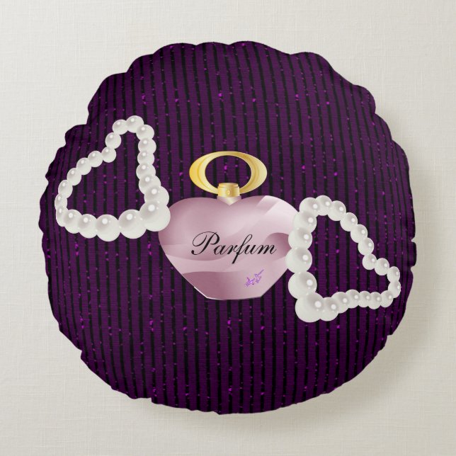 Parfum & Pearls Purple Glitter Stripe Round Pillow (Front)