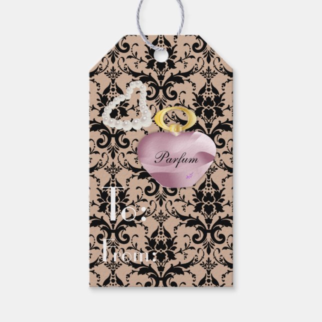 Parfum & Pearls Taupe & Black Damask Gift Tag (Front)