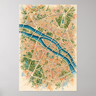 Paris Aerial City Map and Seine River Wall Art