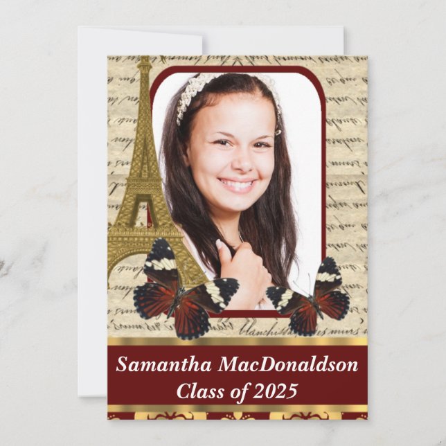 Paris and butterflies photo graduation invitation (Front)