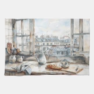 Paris Apartment Kitchen Watercolor with Rooftop Vi Tea Towel