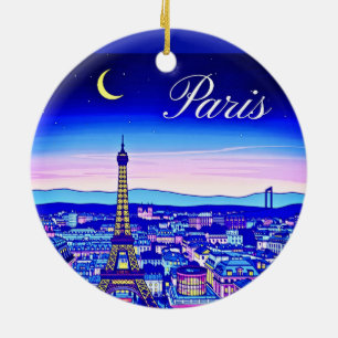 Paris at Twilight Under a Crescent Moon Ceramic Tree Decoration