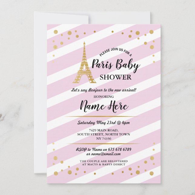 Paris Baby Shower Girl Gold Pink Eiffel Tower Invitation (Front)