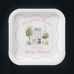 Paris Baby Shower Parisian Cafe Tea Party Paper Plate<br><div class="desc">Paris Cafe Baby Shower with Eiffel Tower and blue stripes</div>