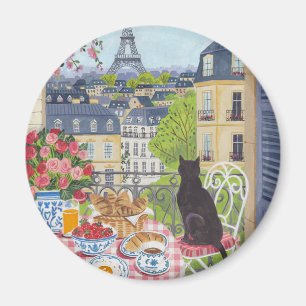 Paris Balcony Cat Breakfast Eiffel Tower Fridge Magnet