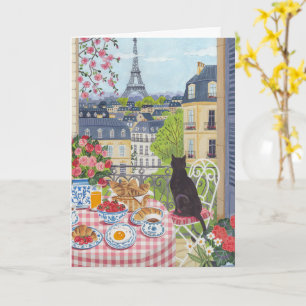 Paris Balcony Cat Breakfast Eiffel Tower Greeting Card