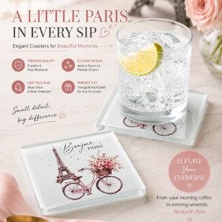 Paris Bicycle & Eiffel Tower Glass Coaster | Elega