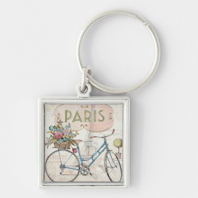 Paris Bike With Flowers Key Ring (Front)