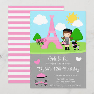 Paris Birthday Brunette Hair Girl and Poodle Invitation