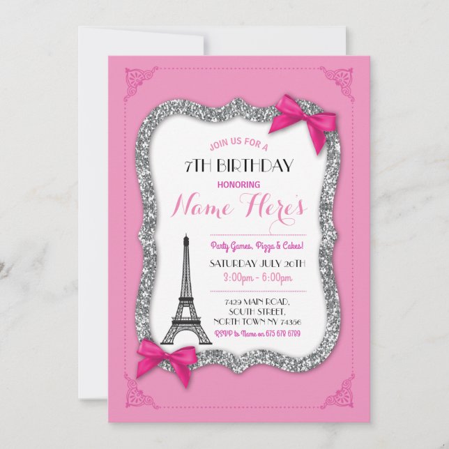Paris Birthday Girl's Pink Eiffel Tower Invite (Front)