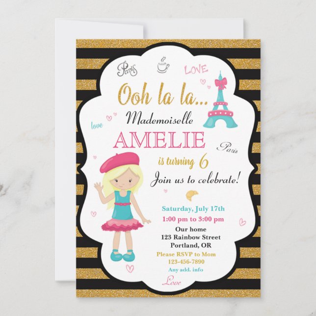 Paris birthday invitation Girl Eiffel tower invite (Front)