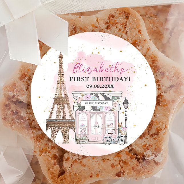 Paris Birthday Parisian Cafe Tea Party Birthday Classic Round Sticker (Creator Uploaded)