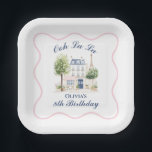 Paris Birthday Parisian Cafe Tea Party Paper Plate<br><div class="desc">Paris Cafe Birthday with Eiffel Tower and blue stripes</div>