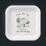 Paris Birthday Parisian Cafe Tea Party Paper Plate<br><div class="desc">Paris Cafe Birthday with Eiffel Tower and blue stripes</div>