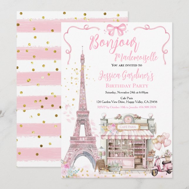 Paris Birthday Party Bonjour Mademoiselle Pink  Invitation (Front/Back)