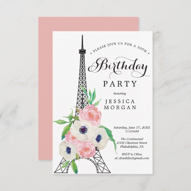 Paris Birthday Party Invitation Card Eiffel Tower (Front/Back)