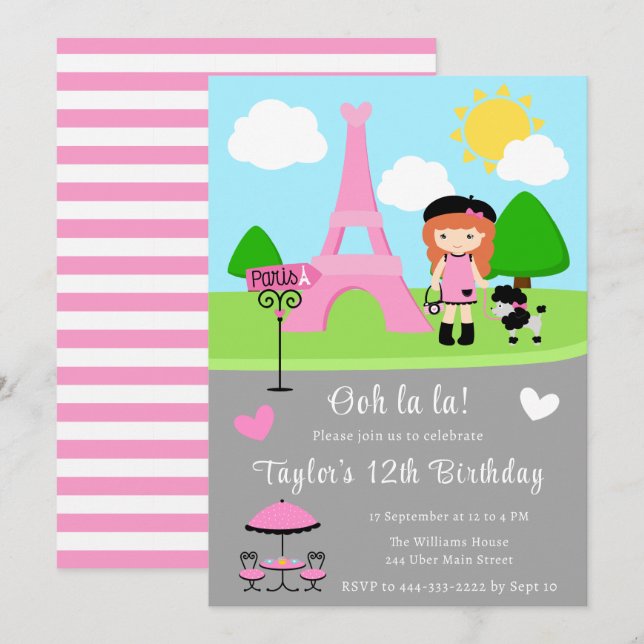 Paris Birthday Red Hair Girl and Poodle Invitation (Front/Back)