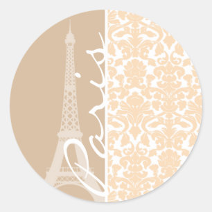 Paris; Bisque Colour Damask Pattern Classic Round Sticker