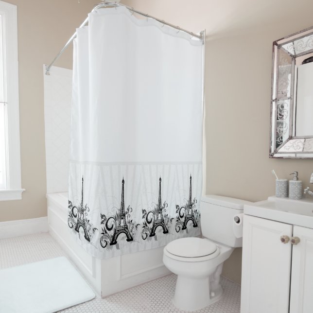 Paris Black White Elegant Flourish Shower Curtain (In Situ)