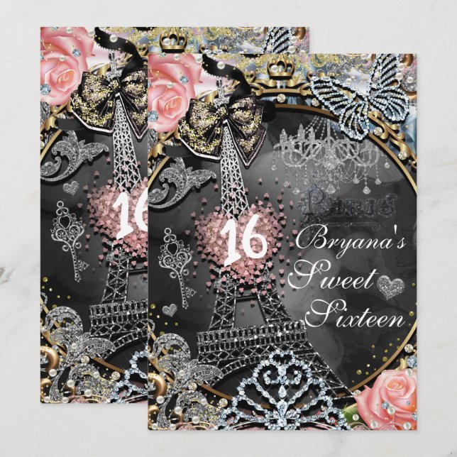 Paris Bling Glamour Sparkle France Birthday Party Invitation (Front/Back)