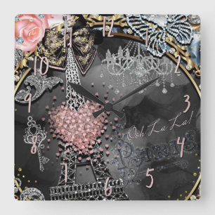 Paris Bling Glamour Sparkle France Girly Trendy Square Wall Clock