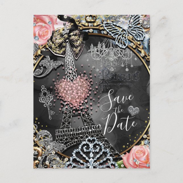 Paris Bling Glamour Sparkle France Save the Date Announcement Postcard (Front)