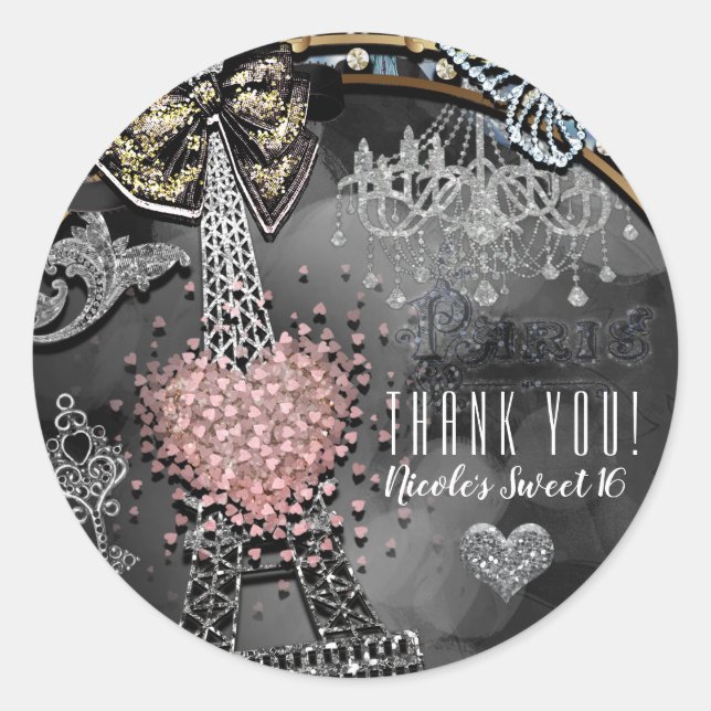 Paris Bling Glamour Sparkle France Sweet 16 Party Classic Round Sticker (Front)