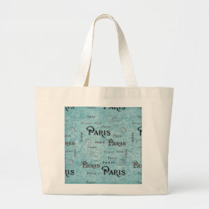 Paris   Blue Damask Large Tote Bag