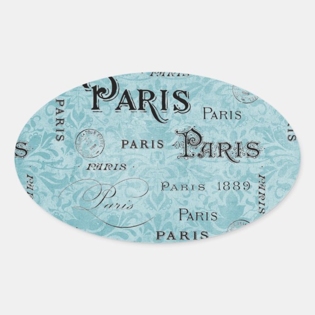 Paris | Blue Damask Oval Sticker (Front)