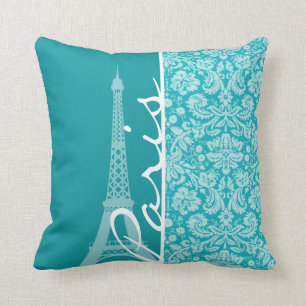 Paris; Blue-Green Damask Pattern Cushion
