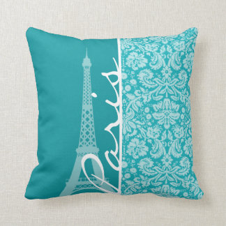 Paris; Blue-Green Damask Pattern Cushion