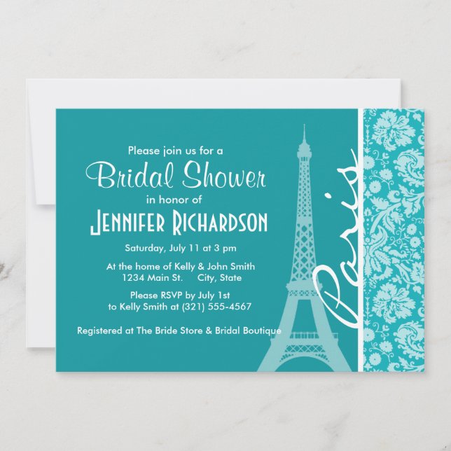 Paris; Blue-Green Damask Pattern Invitation (Front)