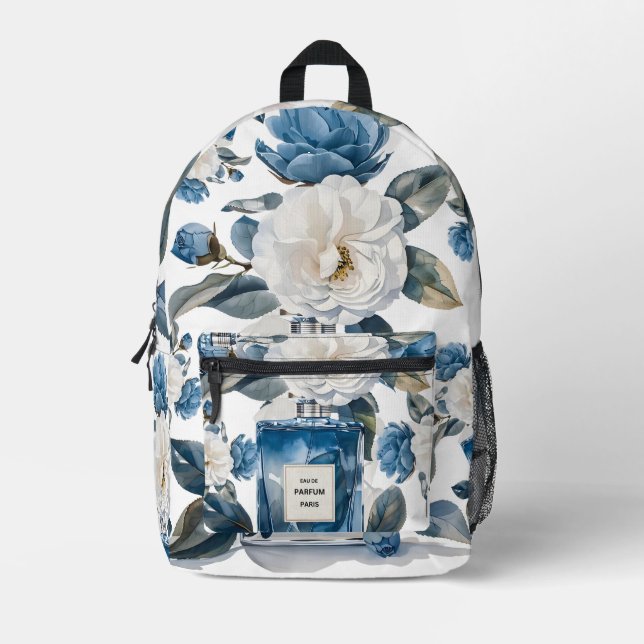 Paris Blue Perfume Watercolor Floral Backpack (Front)