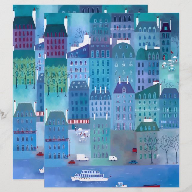 Paris Blues Cityscape Painting Scrapbook Paper (Front/Back)